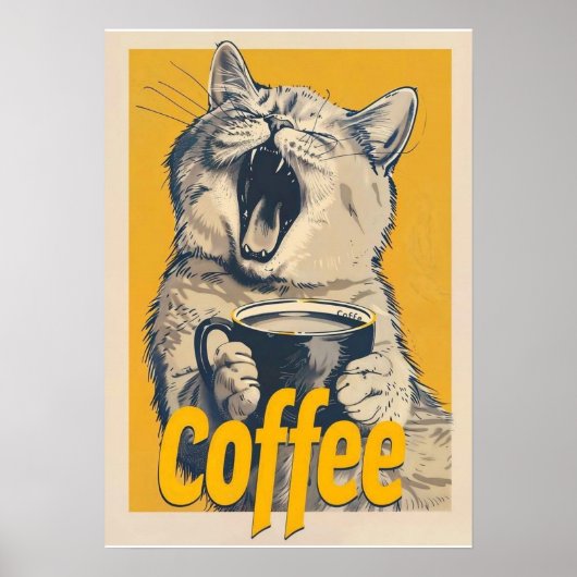 Funny Coffee Cat Illustration – Yawning Cat Coffee Poster (Vorne)