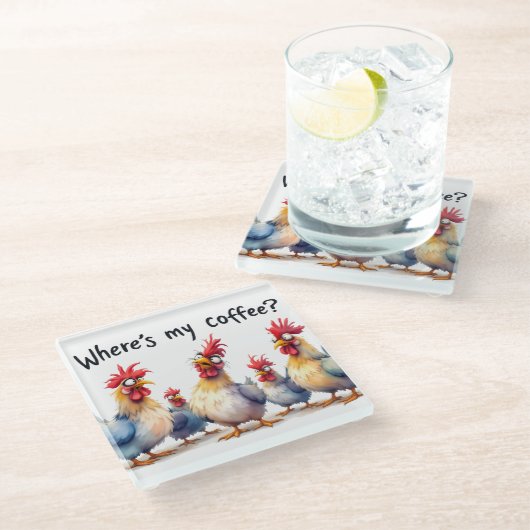 Funny Coffee/Chickens Glasuntersetzer (Schrägansicht)