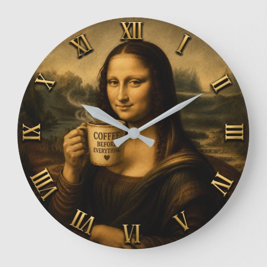 Funny Coffee Mona Lisa Große Wanduhr (Vorderseite)