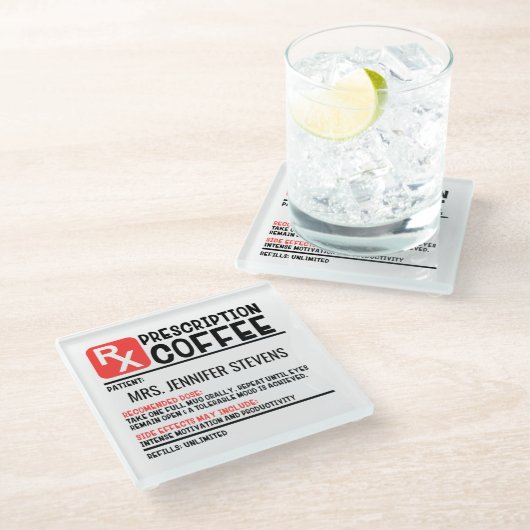 Funny Coffee Prescription Personalisiert Name Glasuntersetzer (Schrägansicht)