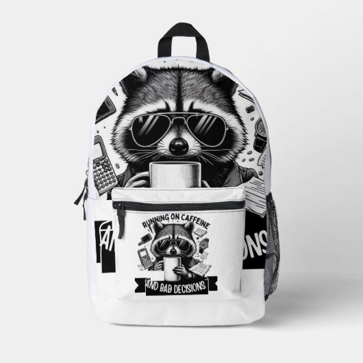 Funny Coffee Raccoon – Caffeine & Bad Choices Art Bedruckter Rucksack (Vorderseite)