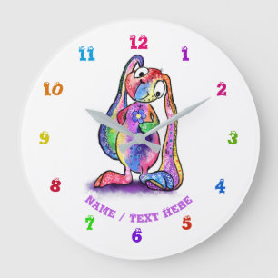 Funny Colorful Bunny Love Flower Clock Text / Name Große Wanduhr