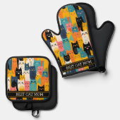 Funny Colorful Faces Beste Cat Mama Ofenhandschuh & Topflappen-Set (Vorderseite/Rückseite)