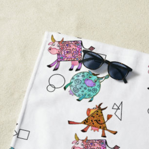 Funny Colorful Geometric Cows Cartoon Beach Towel Strandtuch