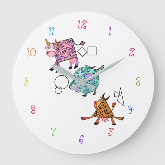 Funny Colorful Geometric Cows Clock Große Wanduhr (Vorderseite)