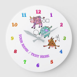 Funny Colorful Geometric Cute Cows -Add Text/Name Große Wanduhr