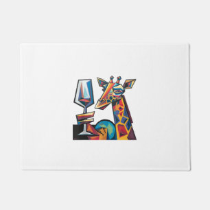 Funny Colorful Giraffe Drinken Roter Wein Cubism A Fußmatte