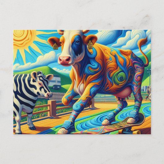 Funny Colorful Kuh Skateboard Postkarte (Vorderseite)