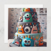 FUNNY COLORFUL MONSTER CAKE BIRTHDAY EINLADUNG (Vorne/Hinten)