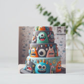 FUNNY COLORFUL MONSTER CAKE BIRTHDAY EINLADUNG (Stehend Vorderseite)