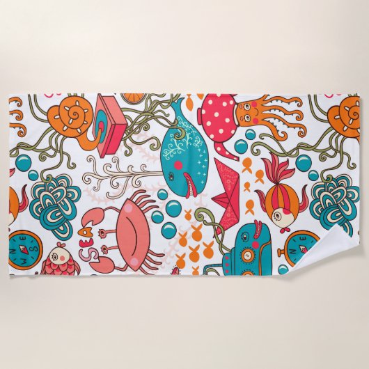 Funny Colorful Sea-Life Illustration Strandtuch (Vorderseite)