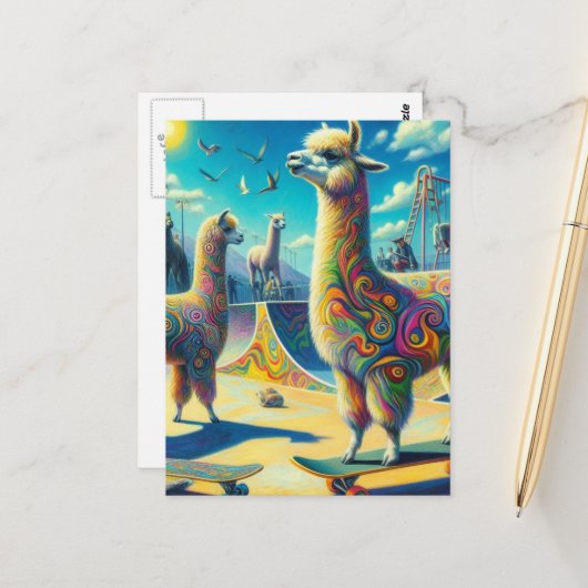 Funny Colorful Skateboarding Alpaca Postkarte (Vorderseite/Rückseite Beispiel)
