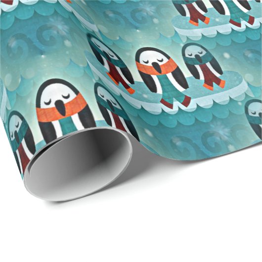 Funny Colorful Wintery Dressed Pinguin Pattern Geschenkpapier (Rolleneckpunkt)