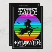 FUNNY COLORFUL WITTO ON BROOM HALLOWEEN-PARTY EINLADUNG (Vorne/Hinten)