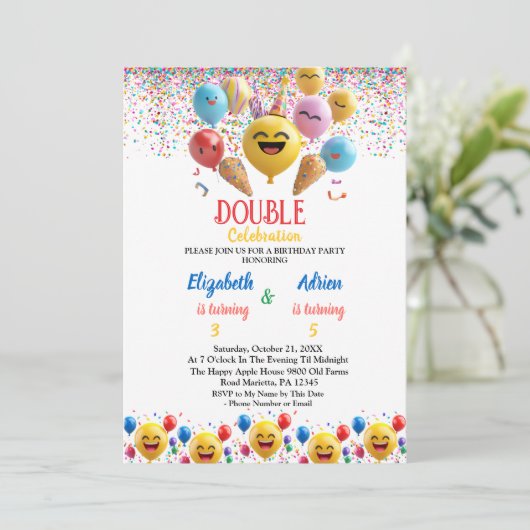 Funny Colorloon Kinder Double Joint Birthday Einladung (Stehend Vorderseite)