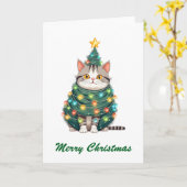 Funny Comic Whimsical Cat Frohe Weihnachtsbaum Karte (Gelbe Blume)