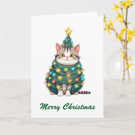 Funny Comic Whimsical Cat Frohe Weihnachtsbaum Karte (Gelbe Blume)