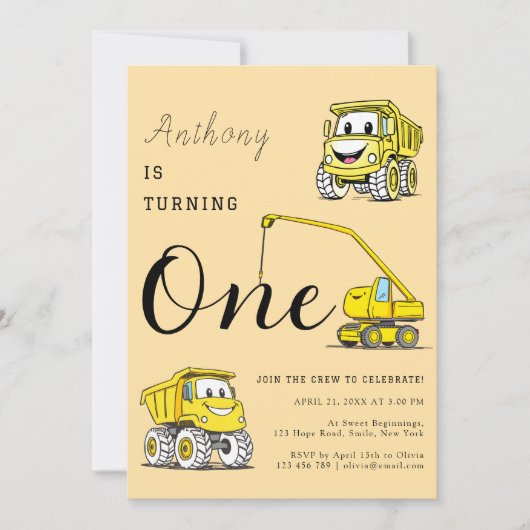 Funny Construction Trucks 1. Geburtstag Einladung (Vorderseite)