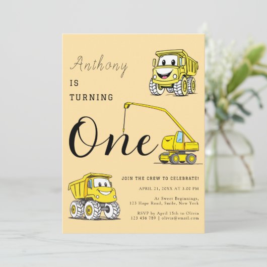 Funny Construction Trucks 1. Geburtstag Einladung (Stehend Vorderseite)