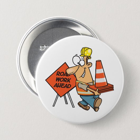 Funny Construction Worker Road Work Ahead Sign Button (Vorne & Hinten)