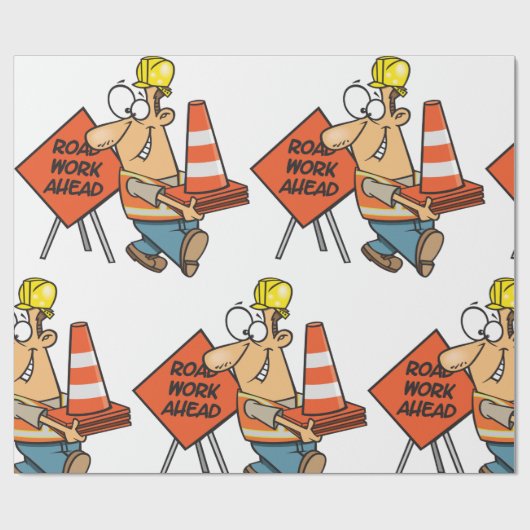 Funny Construction Worker Road Work Ahead Sign Geschenkpapier (Flach)