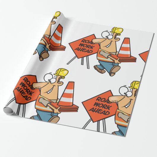 Funny Construction Worker Road Work Ahead Sign Geschenkpapier (Ungerollt)