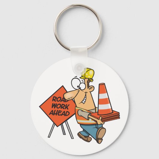 Funny Construction Worker Road Work Ahead Sign Schlüsselanhänger (Rückseite)