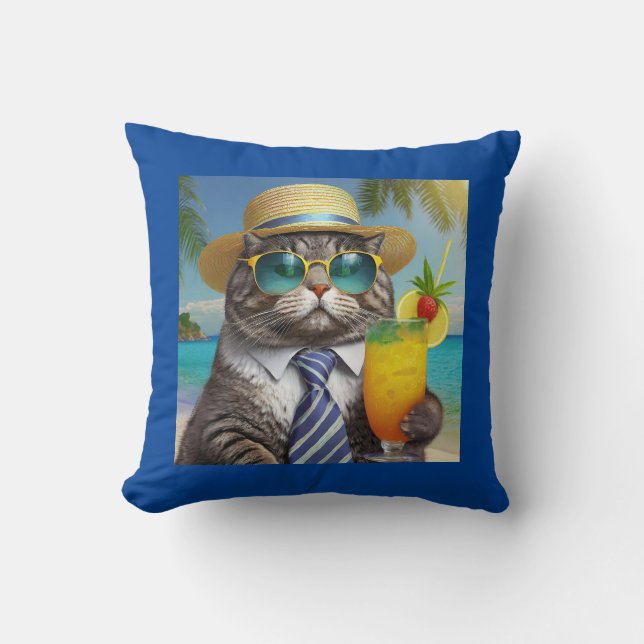 Funny Cool Cat and Tropical Drink Kissen (Vorderseite)