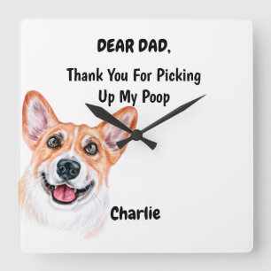 Funny Corgi Dad Watercolor Canine Art Quadratische Wanduhr