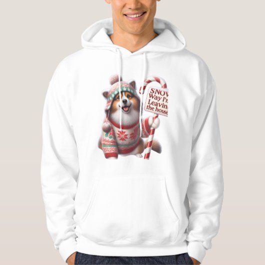 Funny Corgi/Pomeranian Dog in Sweater: "Snow Way!" Hoodie (Vorderseite)