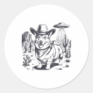 Funny Corgi Ufo Western Cowboy Vintag 90er 80er Runder Aufkleber
