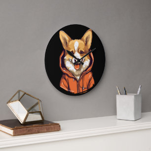 Funny Corgi Wearing Hoodie Große Wanduhr