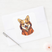 Funny Corgi Wearing Hoodie Quadratischer Aufkleber (Umschlag)