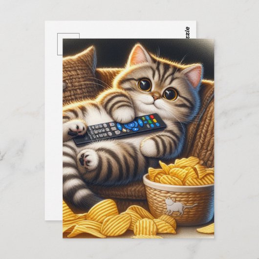 Funny Couch Potato Cat Remote und Chips Postkarte (Vorne/Hinten)