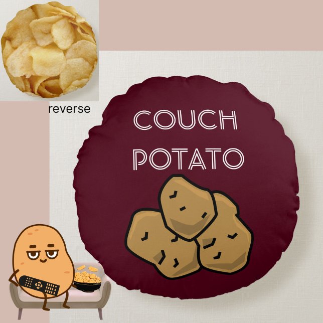 Funny "Couch Potato" + Potato Chips Binge Watching Rundes Kissen (This funny Couch Potato cushion is perfect for the lovable sloth in your life. Choice of colors.)
