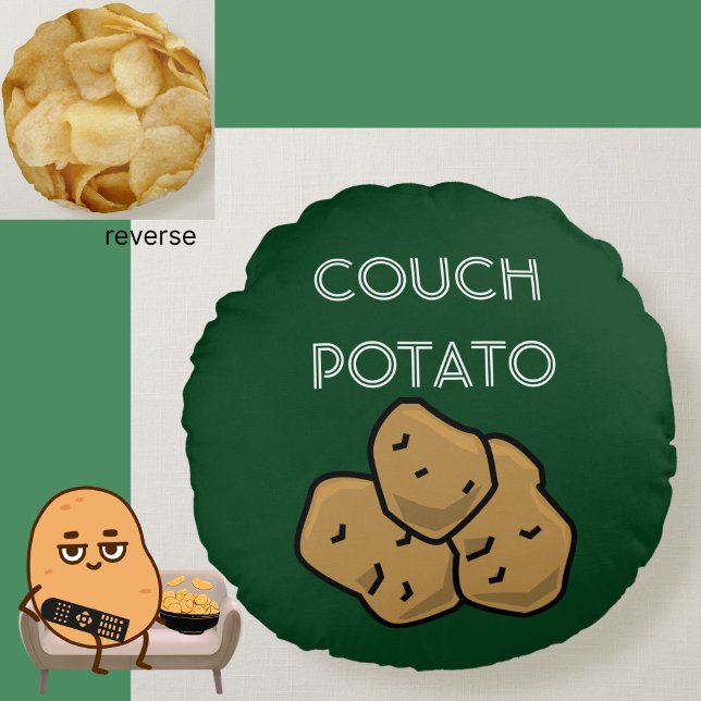 Funny "Couch Potato" + Potato Chips Binge Watching Rundes Kissen (This funny Couch Potato cushion is perfect for the lovable sloth in your life. Choice of colors.)