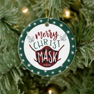 Funny COVID MERRY ChristMASK Buffalo Kariertes Fot Keramik Ornament