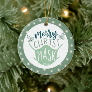 Funny COVID MERRY ChristMASK Foto Green Keramik Ornament