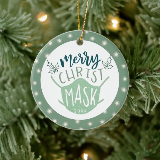 Funny COVID MERRY ChristMASK Foto Green Keramik Ornament (Baum)