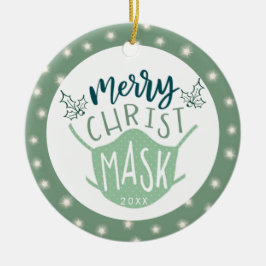 Funny COVID MERRY ChristMASK Foto Green Keramik Ornament