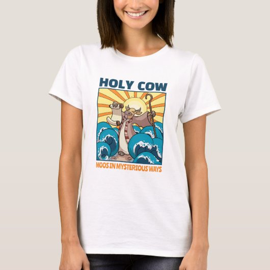Funny Cow Holy Cow Moos In Mysterious Ways Cartoon T-Shirt (Vorderseite)