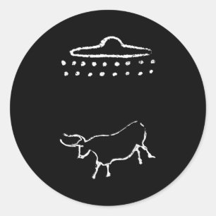Funny Cow oder Steer Ufo Alien Alte Höhlenmalerei Runder Aufkleber
