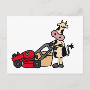 Funny Cow Pushing Red Rasenmäher Cartoon Postkarte