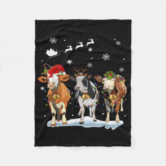 Funny Cow Santa Merry Christmas Xmas Lights Pajama Fleecedecke (Vorderseite)