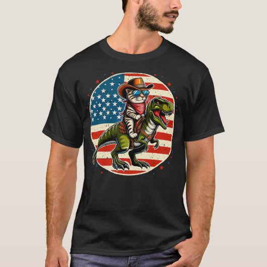 Funny Cowboy Cat Riding Dinosaur USA Flag T-Rex Ch T-Shirt (Vorderseite)