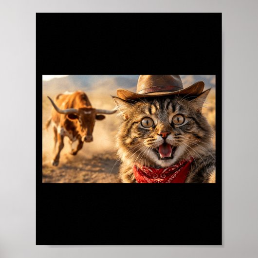 Funny Cowboy Cat Selfie With Charging Bull Western Poster (Vorne)