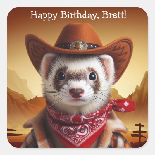 Funny Cowboy Ferret Western Style Geburtstag Quadratischer Aufkleber (Vorderseite)