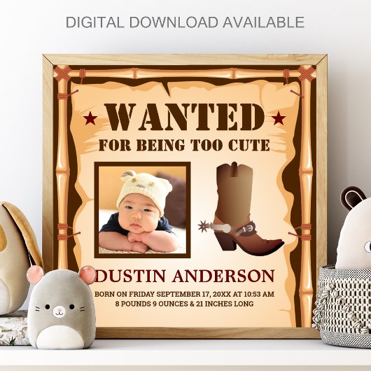 Funny Cowboy Photo Wanted Baby Birth Stats Poster