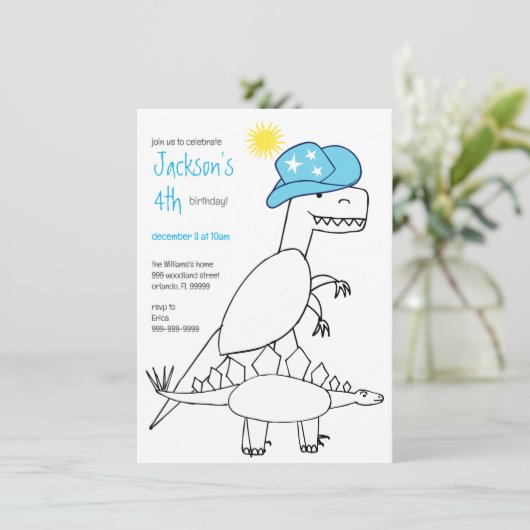 Funny Cowboy Trex Dinosaur Kindergeburtstag Einladung (Stehend Vorderseite)