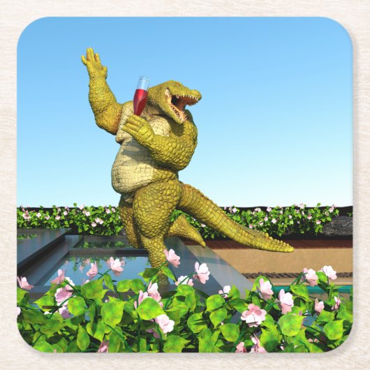Funny Crocodile Drinking Champagne Rechteckiger Pappuntersetzer (Vorderseite)